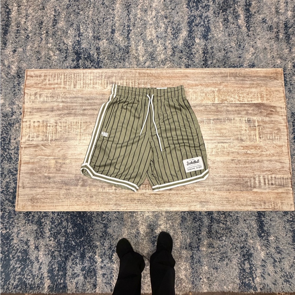 Men's official NBA Olive Green Pinstripe Athletic Shorts with Contrast Trim